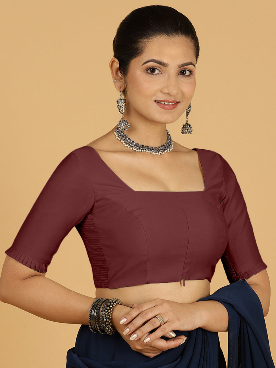 Nihira x Rozaana Saree Blouse, in Maroon Viscose, featuring elbow sleeves and square neckline, made for daily & work (view 8).