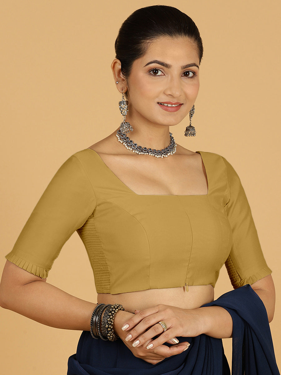 Nihira x Rozaana Saree Blouse, in Yellow Viscose, featuring elbow sleeves and square neckline, made for daily & work (view 8).
