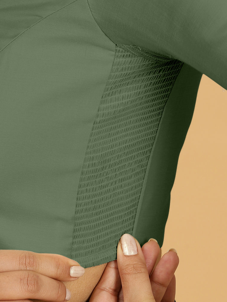Nihira x Rozaana Saree Blouse, in Green Viscose, featuring elbow sleeves and square neckline, made for daily & work (view 3).