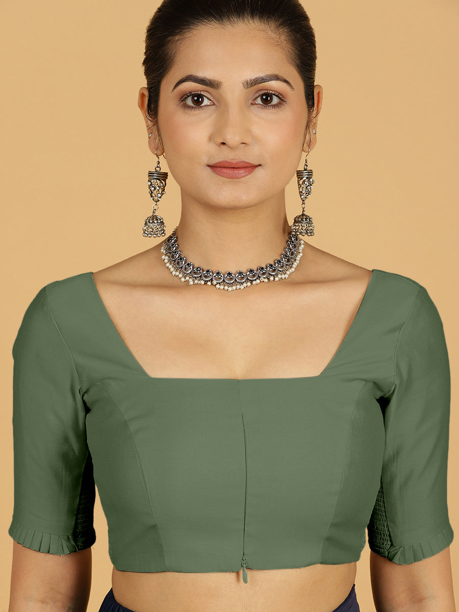 Nihira x Rozaana Saree Blouse, in Green Viscose, featuring elbow sleeves and square neckline, made for daily & work (view 6).