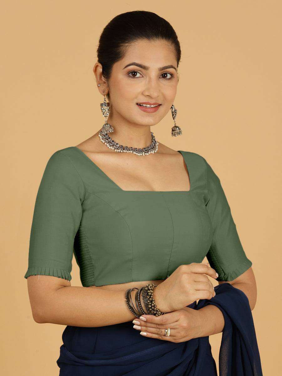 Nihira x Rozaana Saree Blouse, in Green Viscose, featuring elbow sleeves and square neckline, made for daily & work (view 8).