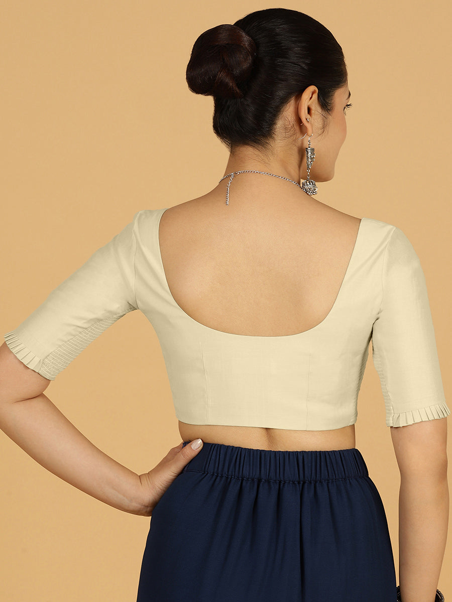 Nihira x Rozaana Saree Blouse, in Cream Viscose, featuring elbow sleeves and square neckline, made for daily & work (view 2).