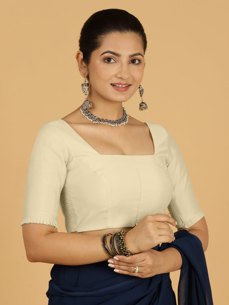 Nihira x Rozaana Saree Blouse, in Cream Viscose, featuring elbow sleeves and square neckline, made for daily & work (view 8).