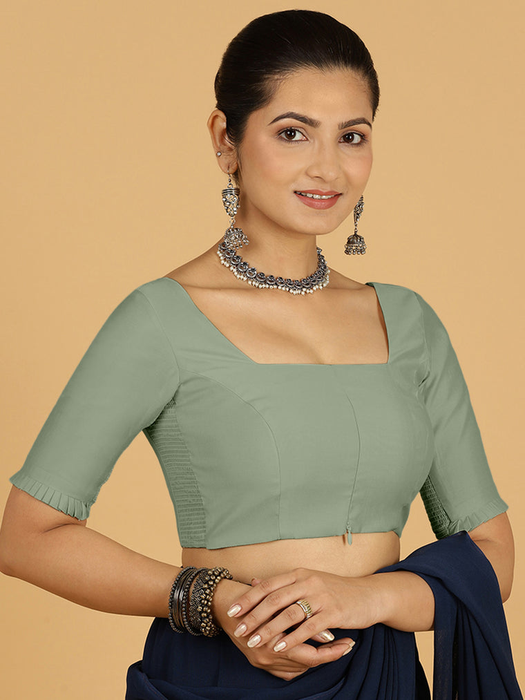 Nihira x Rozaana Saree Blouse, in Green Viscose, featuring elbow sleeves and square neckline, made for daily & work.