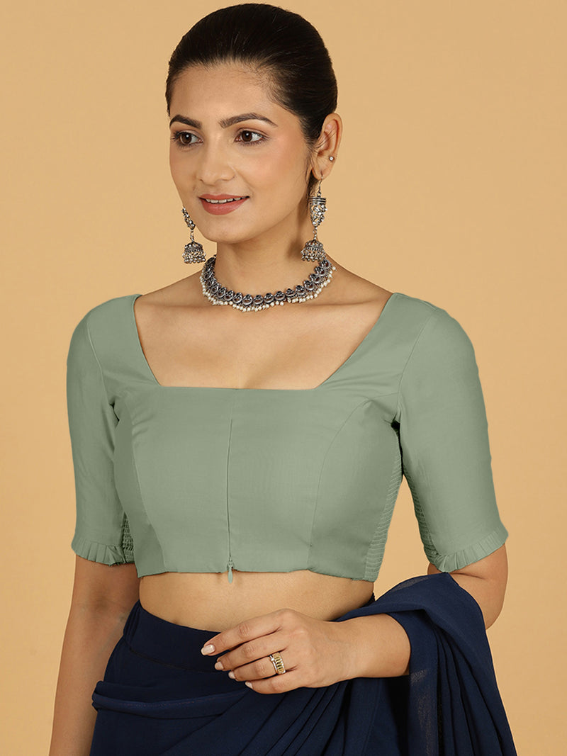 Nihira x Rozaana | Elbow Sleeves Saree Blouse in Mint Green-Binks