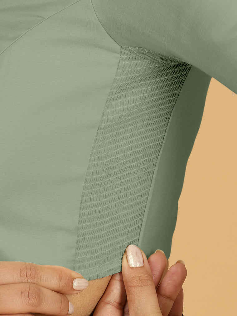 Nihira x Rozaana Saree Blouse, in Green Viscose, featuring elbow sleeves and square neckline, made for daily & work (view 3).