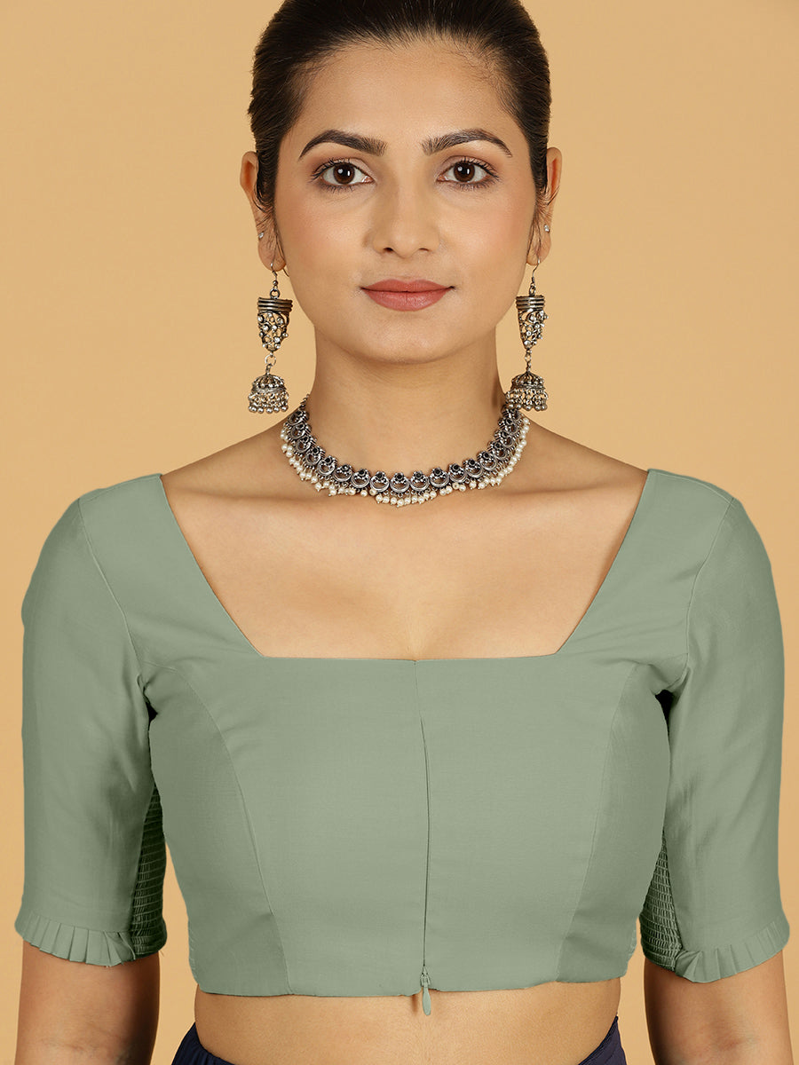 Nihira x Rozaana Saree Blouse, in Green Viscose, featuring elbow sleeves and square neckline, made for daily & work (view 6).