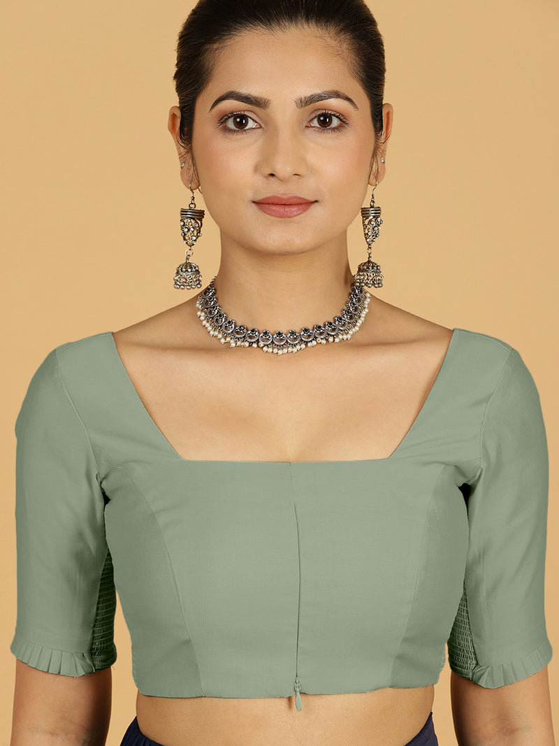 Nihira x Rozaana | Elbow Sleeves Saree Blouse in Mint Green-Binks