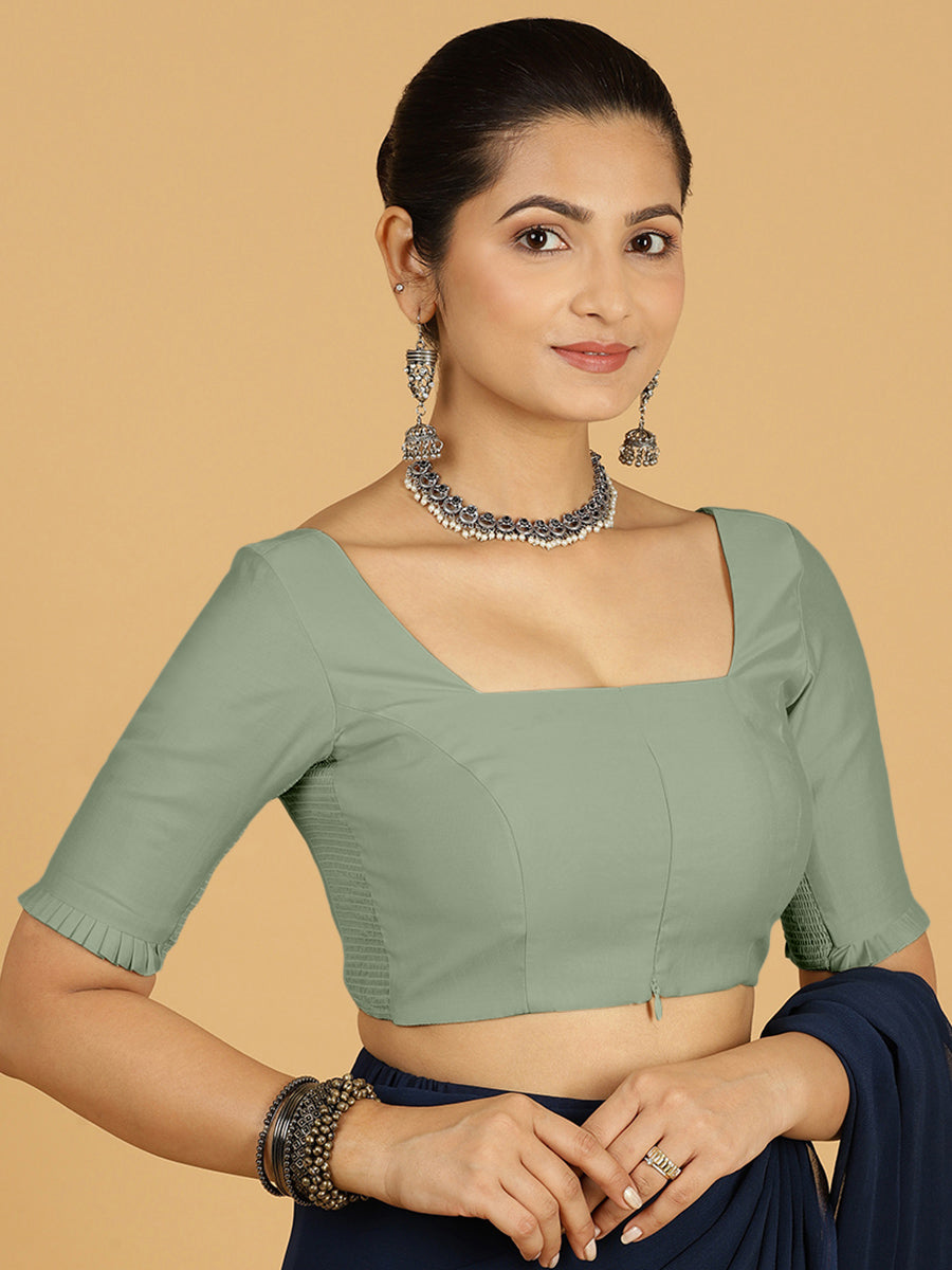 Nihira x Rozaana Saree Blouse, in Green Viscose, featuring elbow sleeves and square neckline, made for daily & work (view 7).