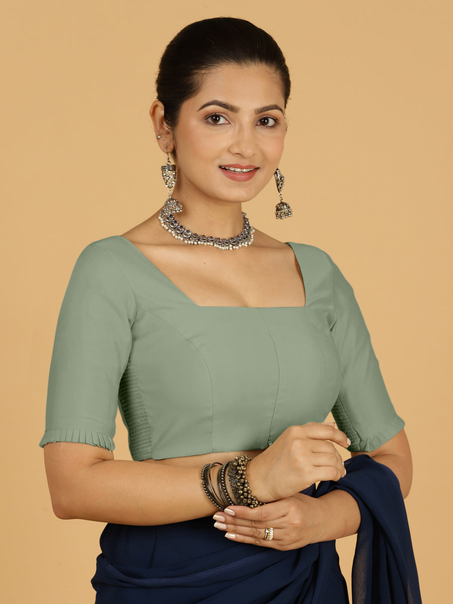 Nihira x Rozaana Saree Blouse, in Green Viscose, featuring elbow sleeves and square neckline, made for daily & work (view 8).