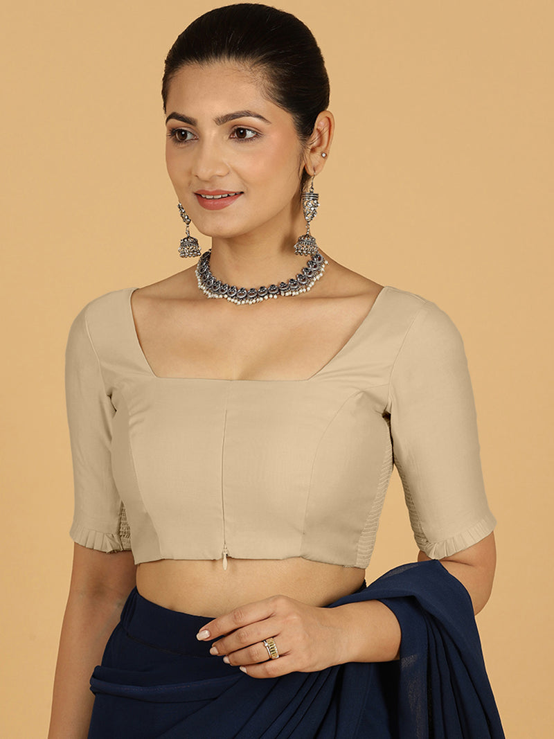 Nihira x Rozaana | Elbow Sleeves Saree Blouse in Oyster Grey-Binks