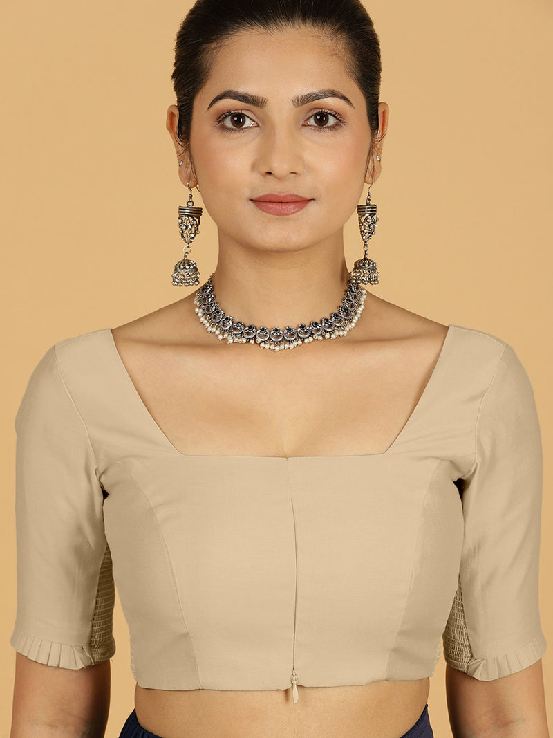 Nihira x Rozaana | Elbow Sleeves Saree Blouse in Oyster Grey-Binks