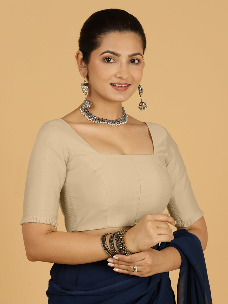 Nihira x Rozaana | Elbow Sleeves Saree Blouse in Oyster Grey-Binks