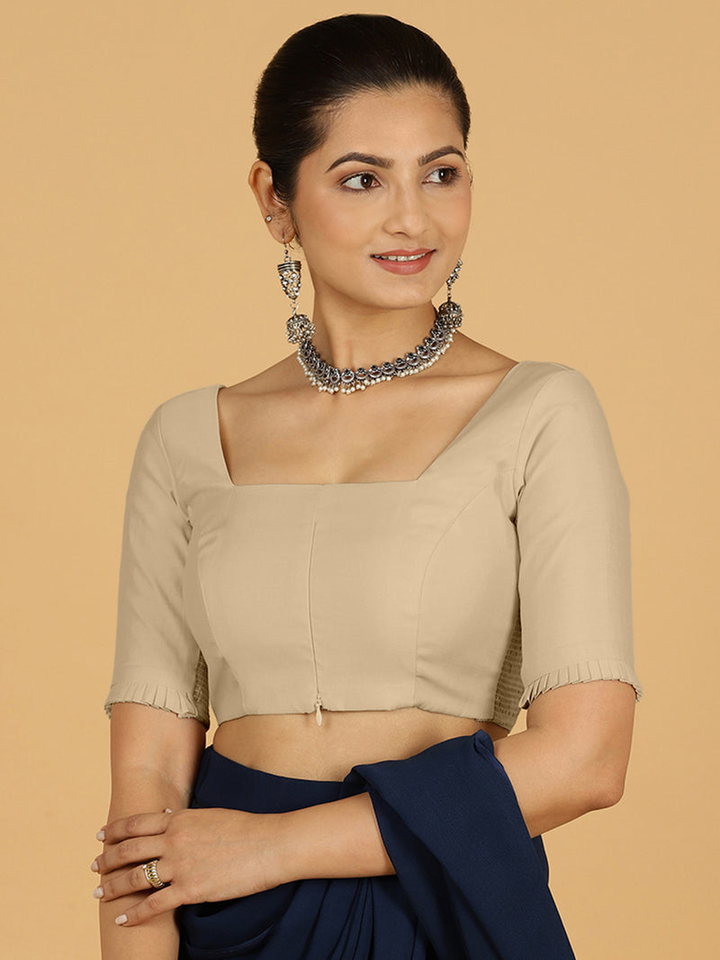 Nihira x Rozaana | Elbow Sleeves Saree Blouse in Oyster Grey-Binks