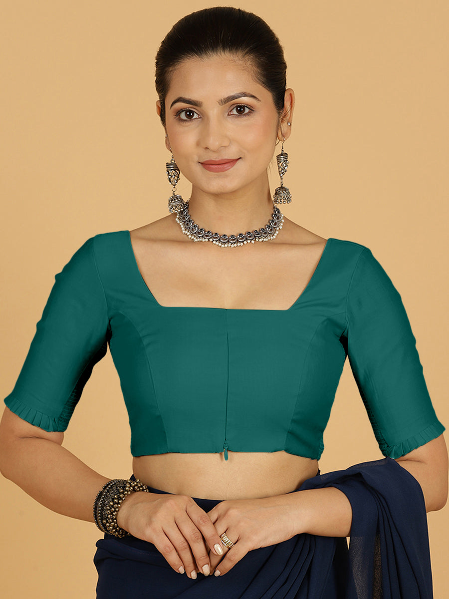 Nihira x Rozaana Saree Blouse, in Green Viscose, featuring elbow sleeves and square neckline, made for daily & work.