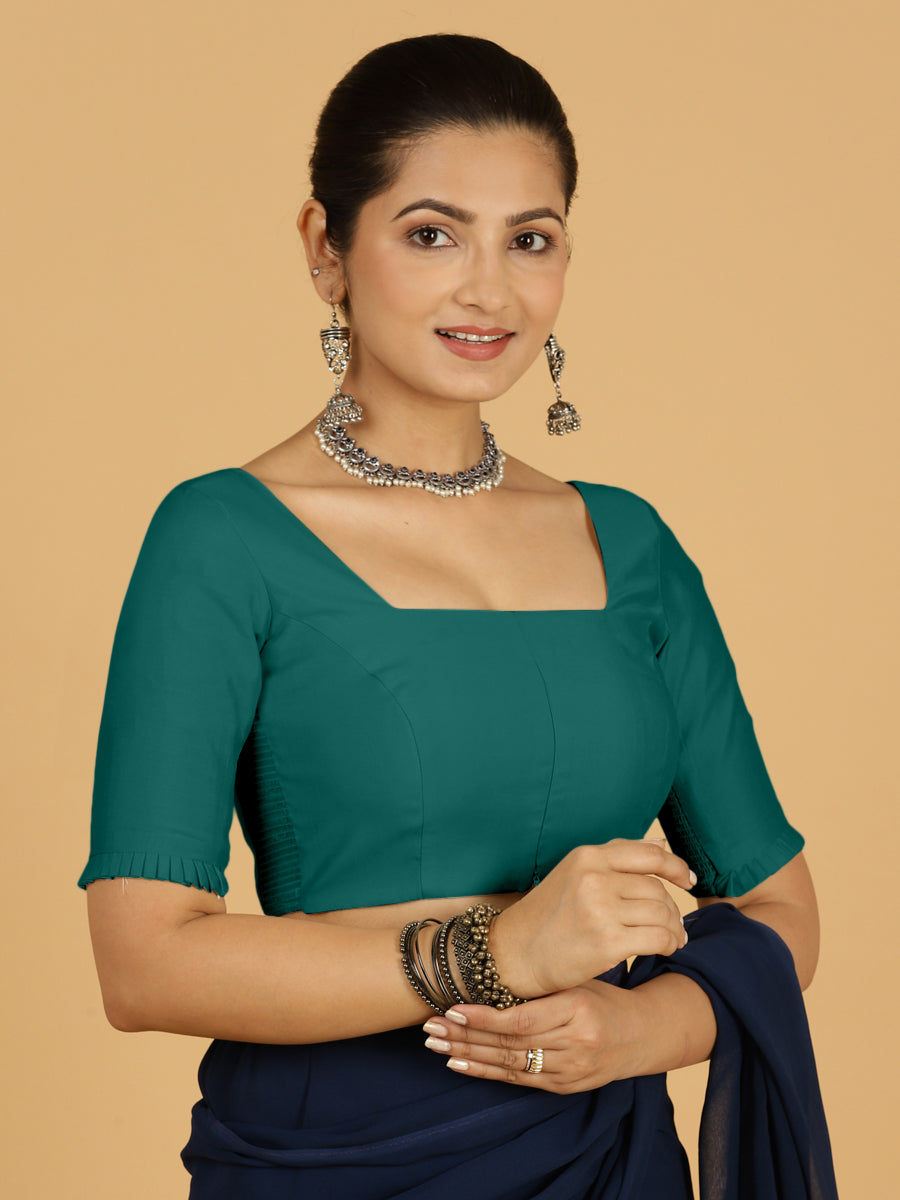 Nihira x Rozaana Saree Blouse, in Green Viscose, featuring elbow sleeves and square neckline, made for daily & work (view 8).