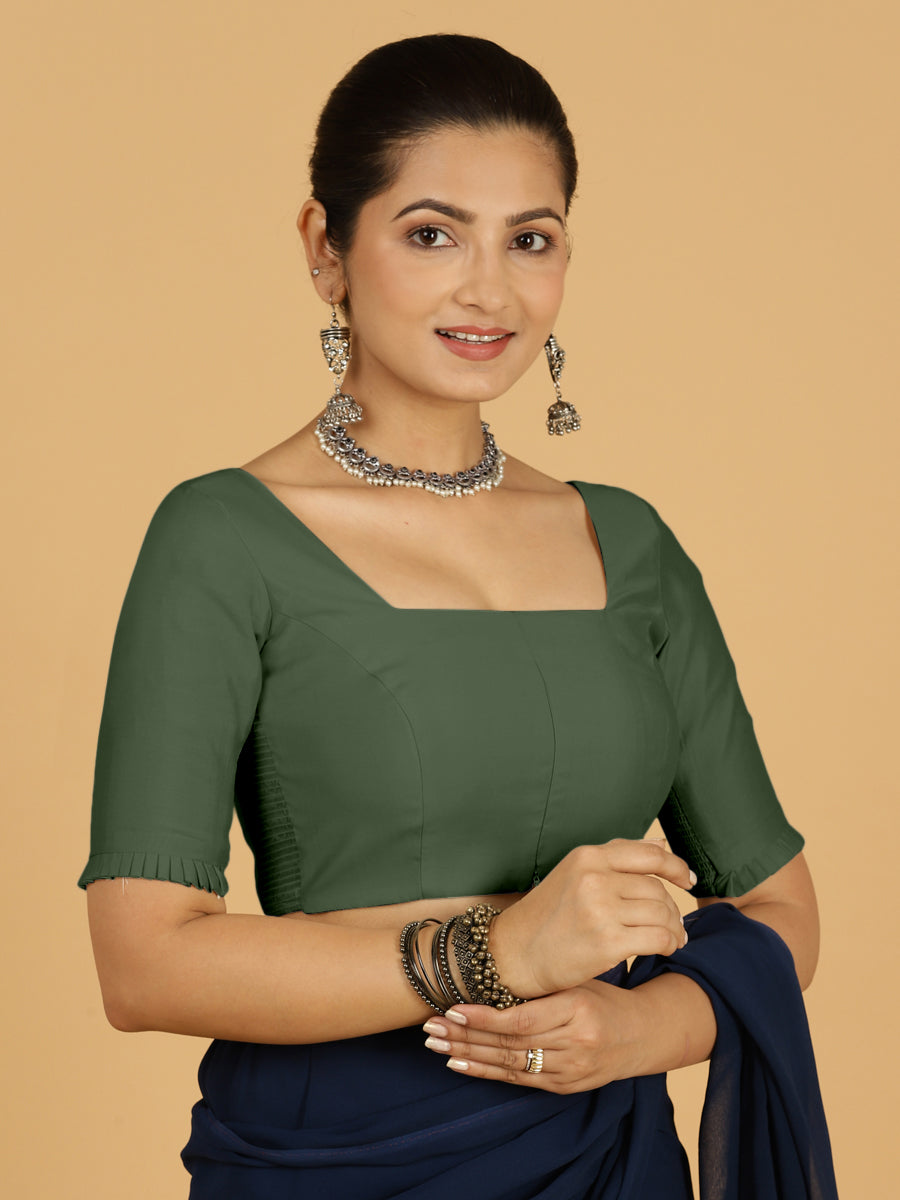 Nihira x Rozaana Saree Blouse, in Green Viscose, featuring elbow sleeves and square neckline, made for daily & work.