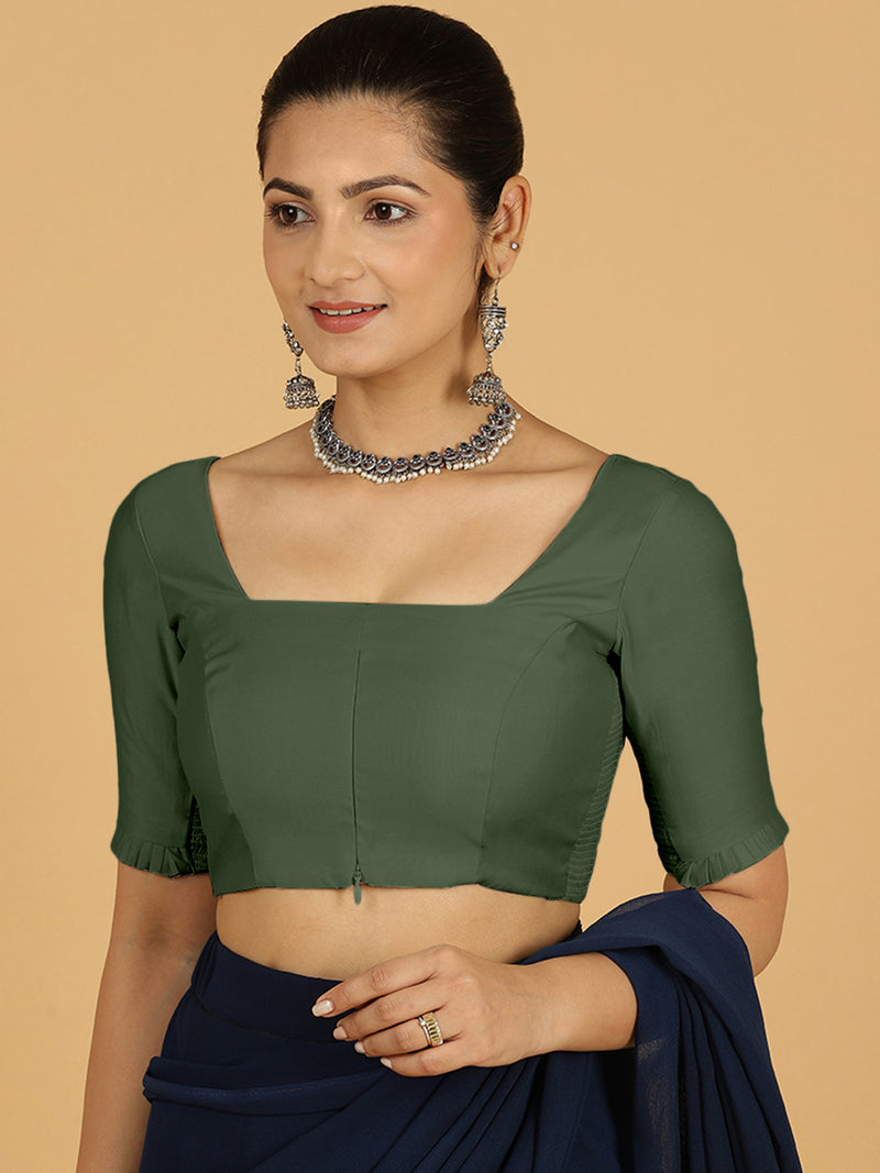 Nihira x Rozaana | Elbow Sleeves Saree Blouse in Pine Green-Binks