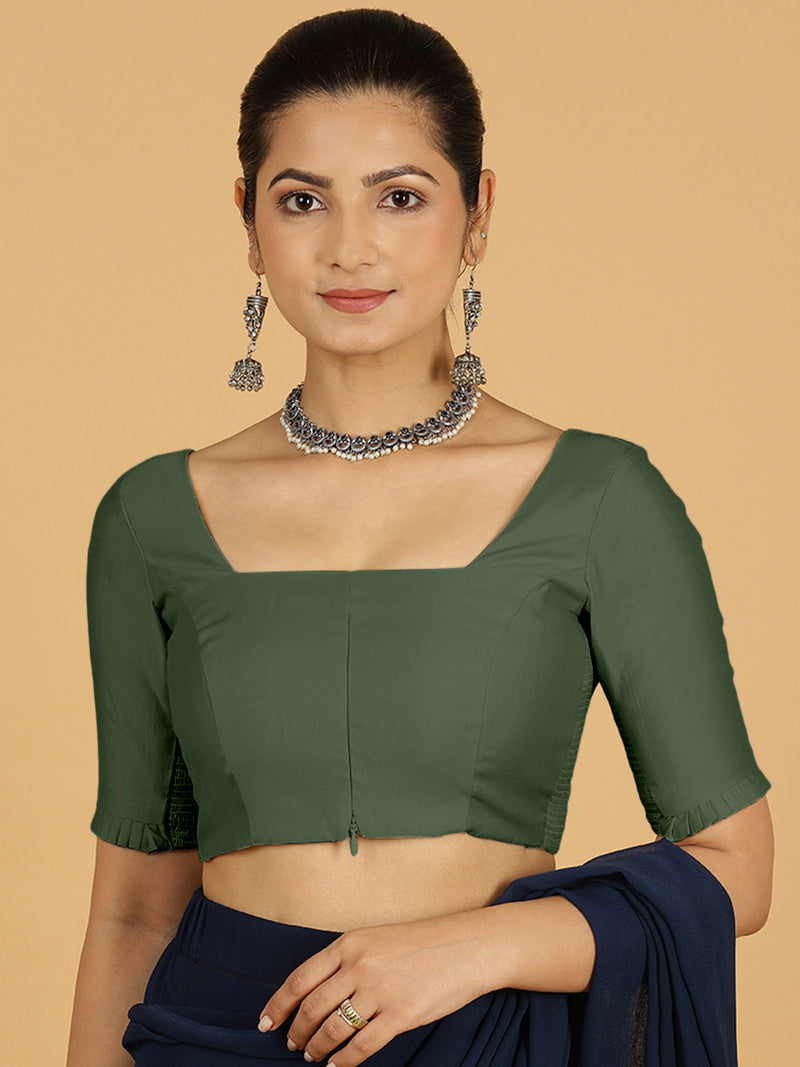 Nihira x Rozaana | Elbow Sleeves Saree Blouse in Pine Green-Binks