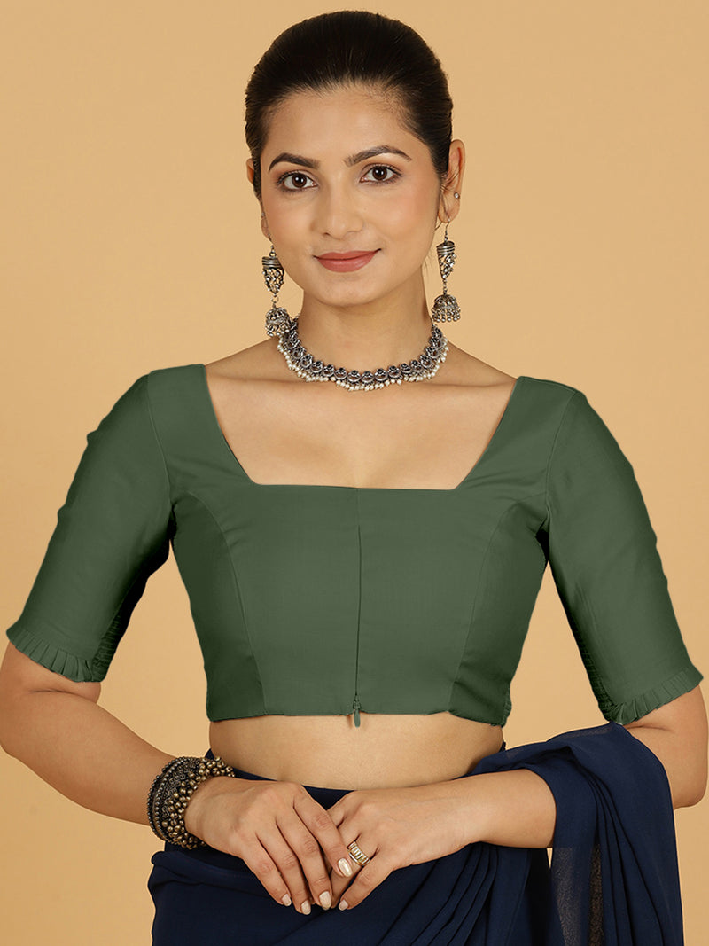 Nihira x Rozaana | Elbow Sleeves Saree Blouse in Pine Green-Binks