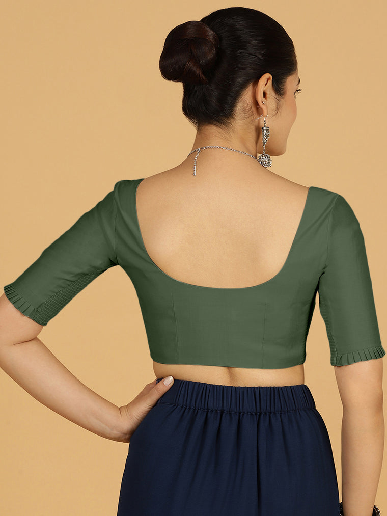 Nihira x Rozaana Saree Blouse, in Green Viscose, featuring elbow sleeves and square neckline, made for daily & work (view 2).