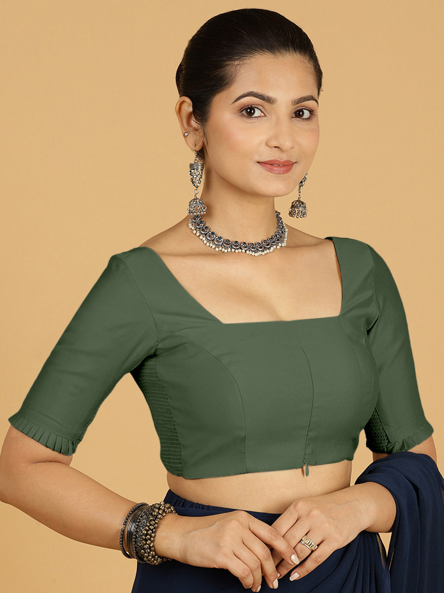 Nihira x Rozaana Saree Blouse, in Green Viscose, featuring elbow sleeves and square neckline, made for daily & work (view 7).