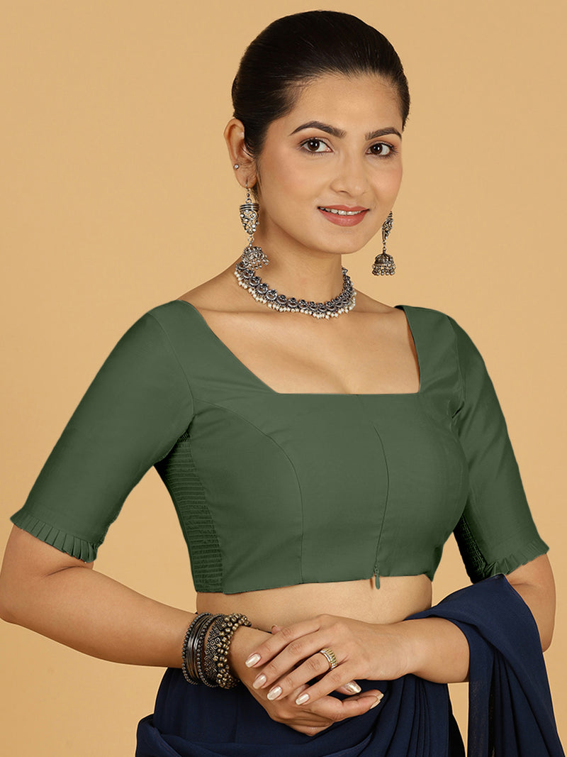 Nihira x Rozaana | Elbow Sleeves Saree Blouse in Pine Green-Binks