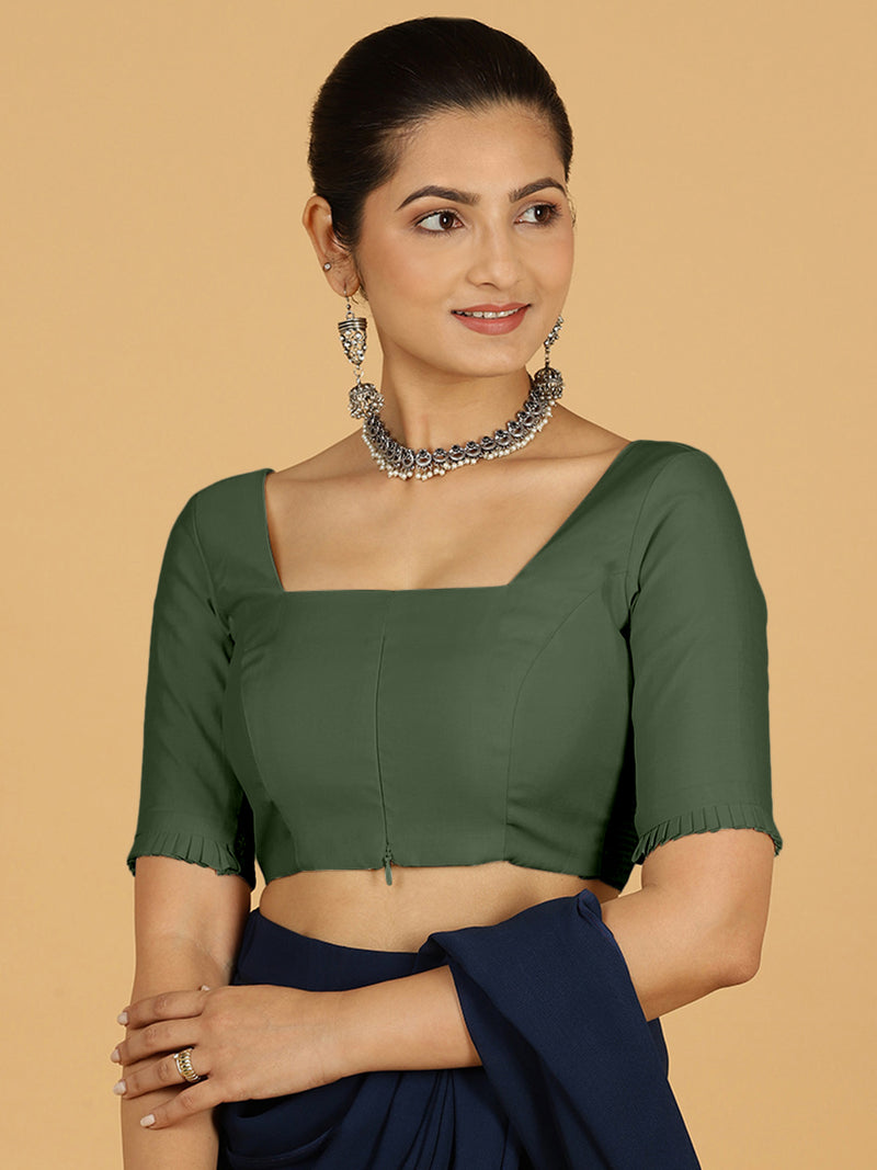 Nihira x Rozaana | Elbow Sleeves Saree Blouse in Pine Green-Binks