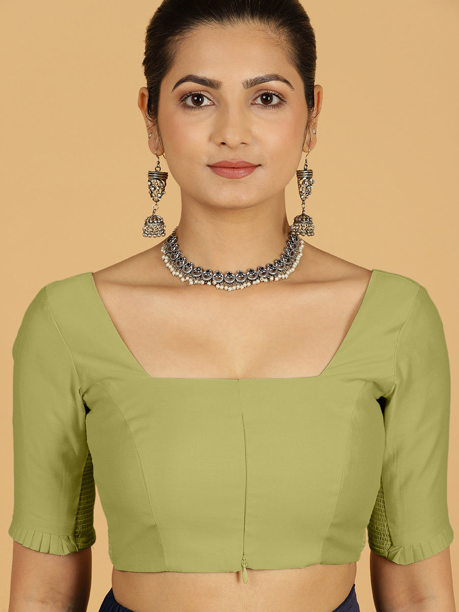 Nihira x Rozaana Saree Blouse, in Green Viscose, featuring elbow sleeves and stylised neckline, made for daily & work (view 6).