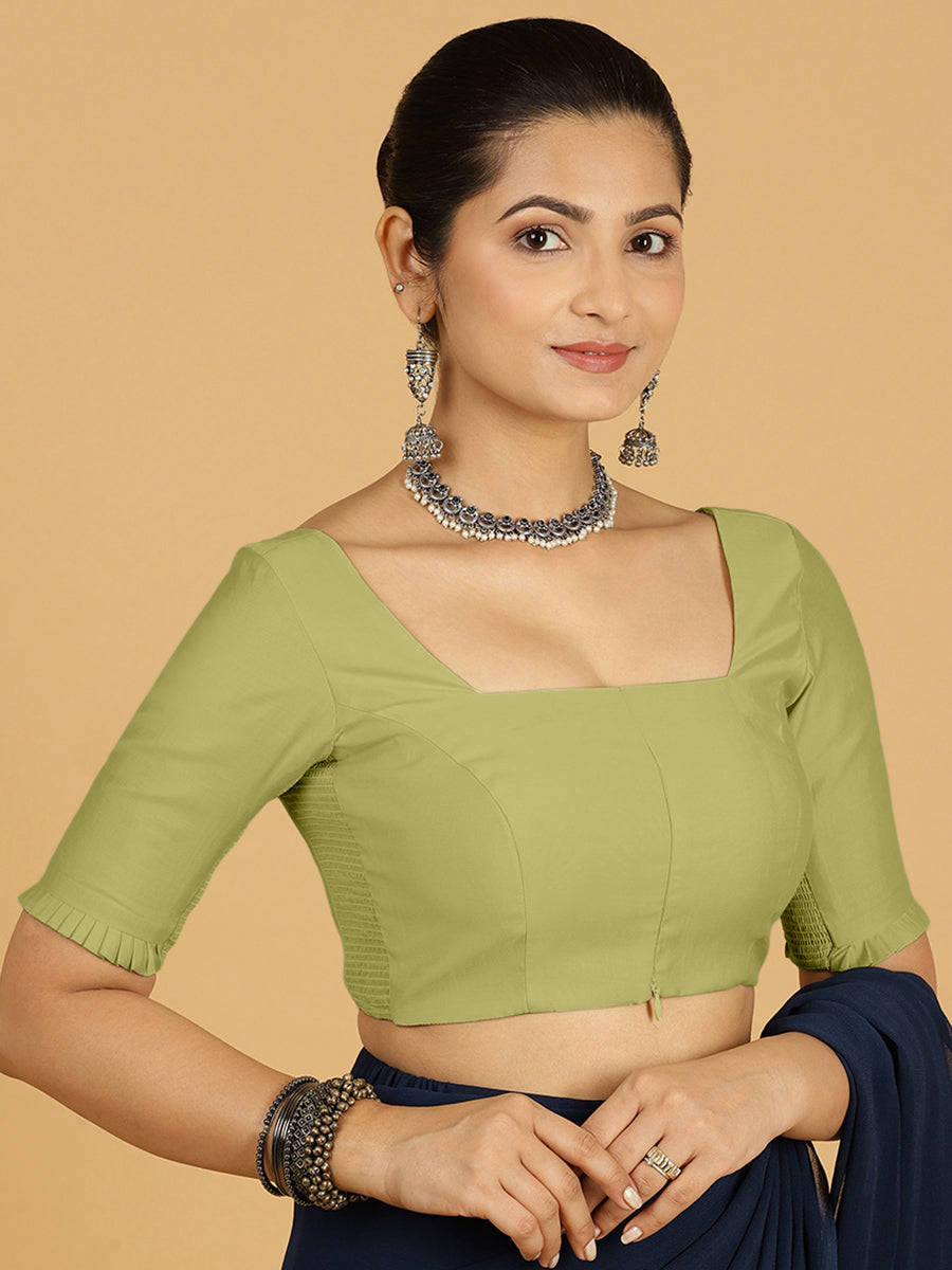 Nihira x Rozaana Saree Blouse, in Green Viscose, featuring elbow sleeves and stylised neckline, made for daily & work (view 7).