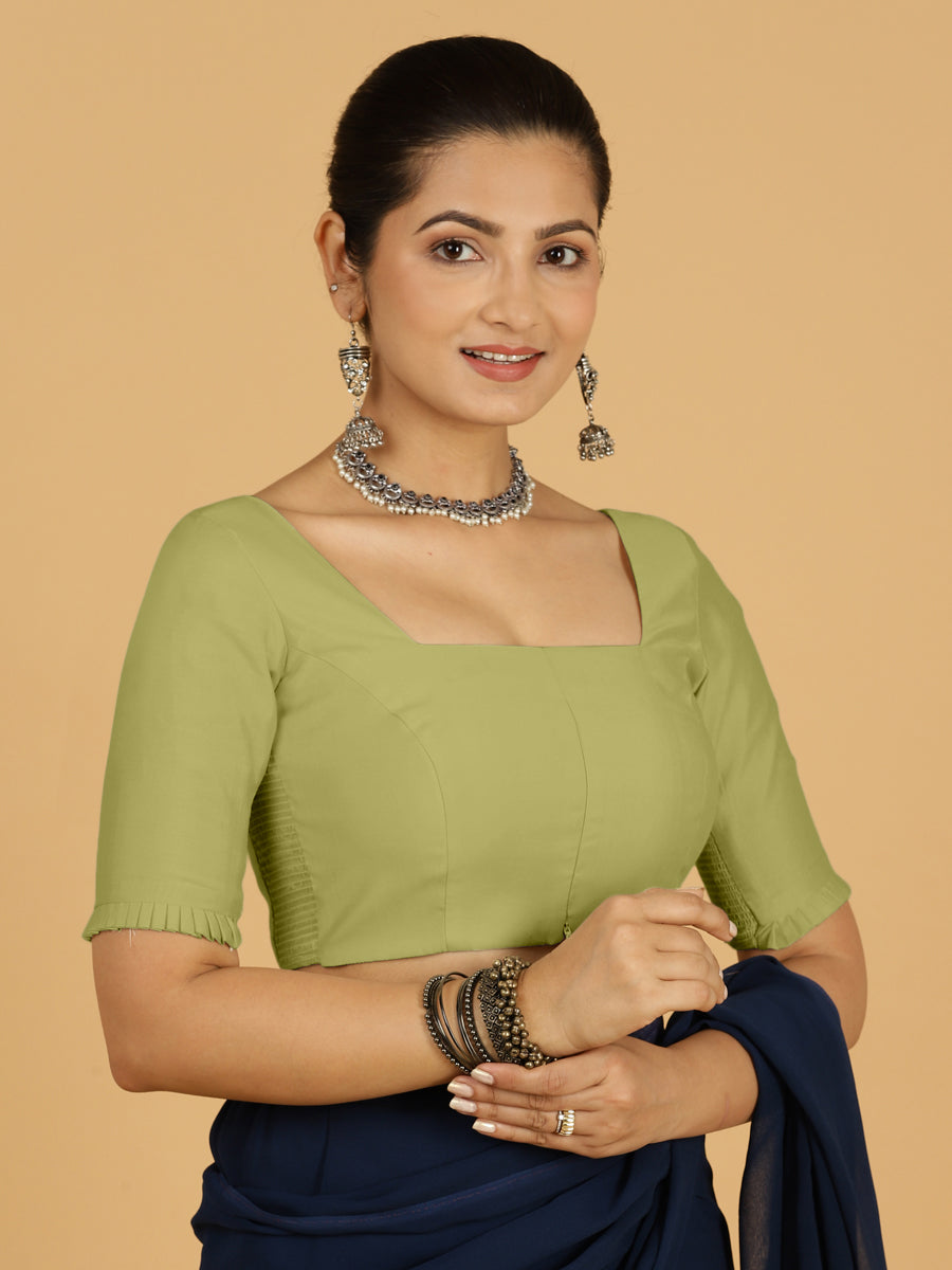 Nihira x Rozaana Saree Blouse, in Green Viscose, featuring elbow sleeves and stylised neckline, made for daily & work (view 8).