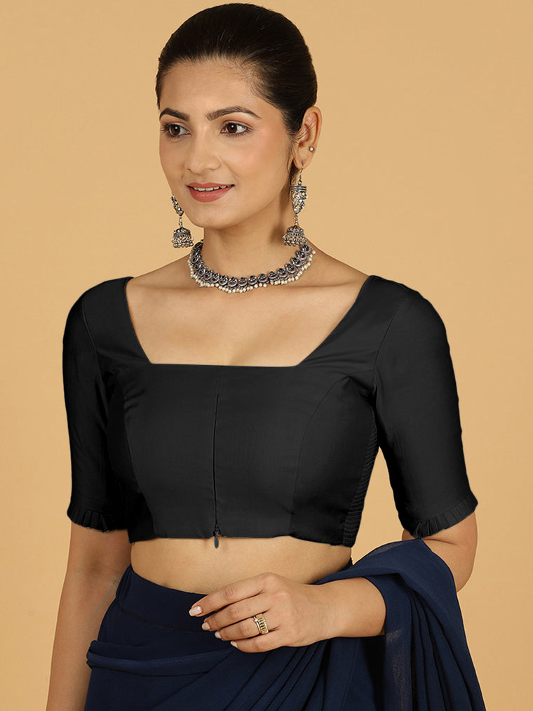 Nihira x Rozaana Saree Blouse, in Black Viscose, featuring elbow sleeves and square neckline, made for daily & work.