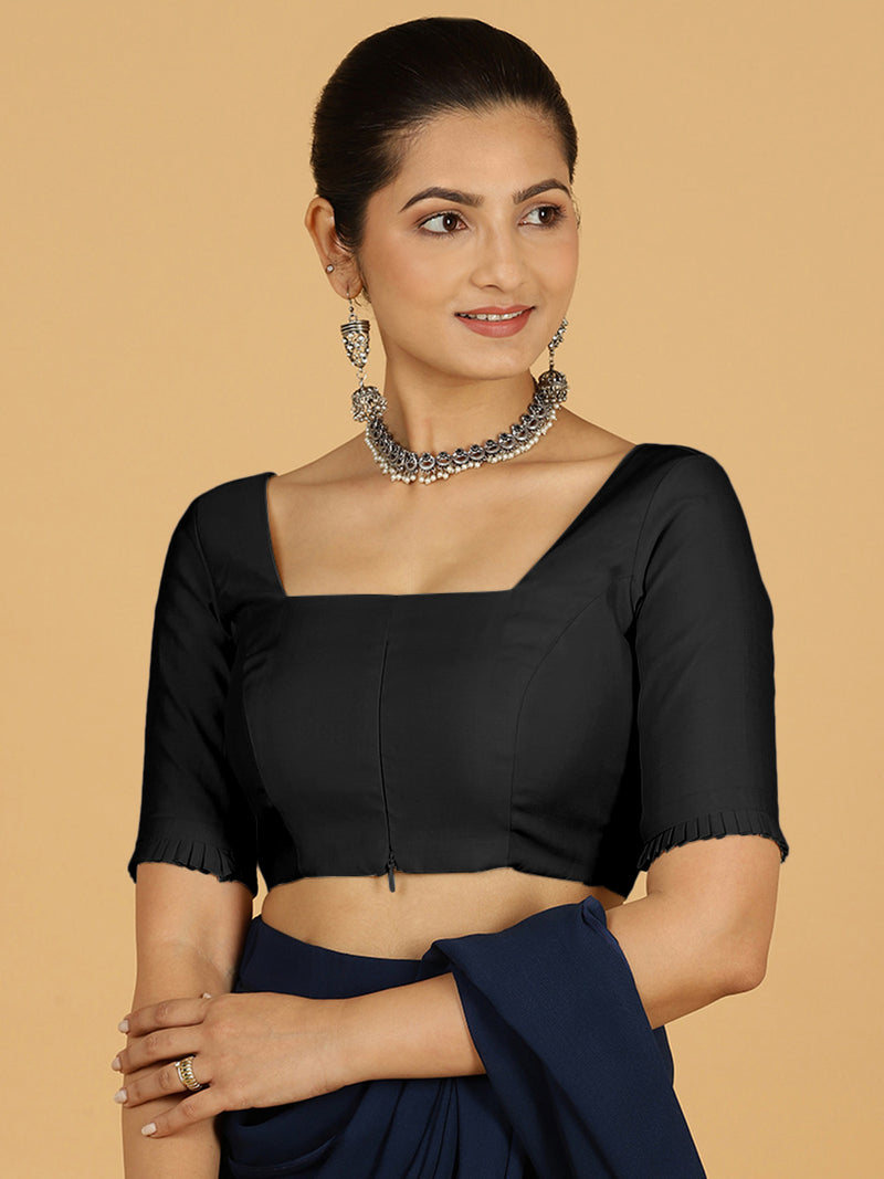 Nihira x Rozaana | Elbow Sleeves Saree Blouse in Raven Black-Binks