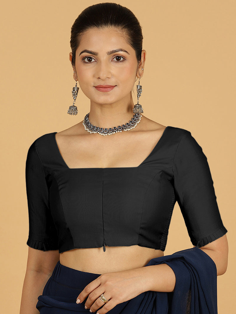 Nihira x Rozaana | Elbow Sleeves Saree Blouse in Raven Black-Binks