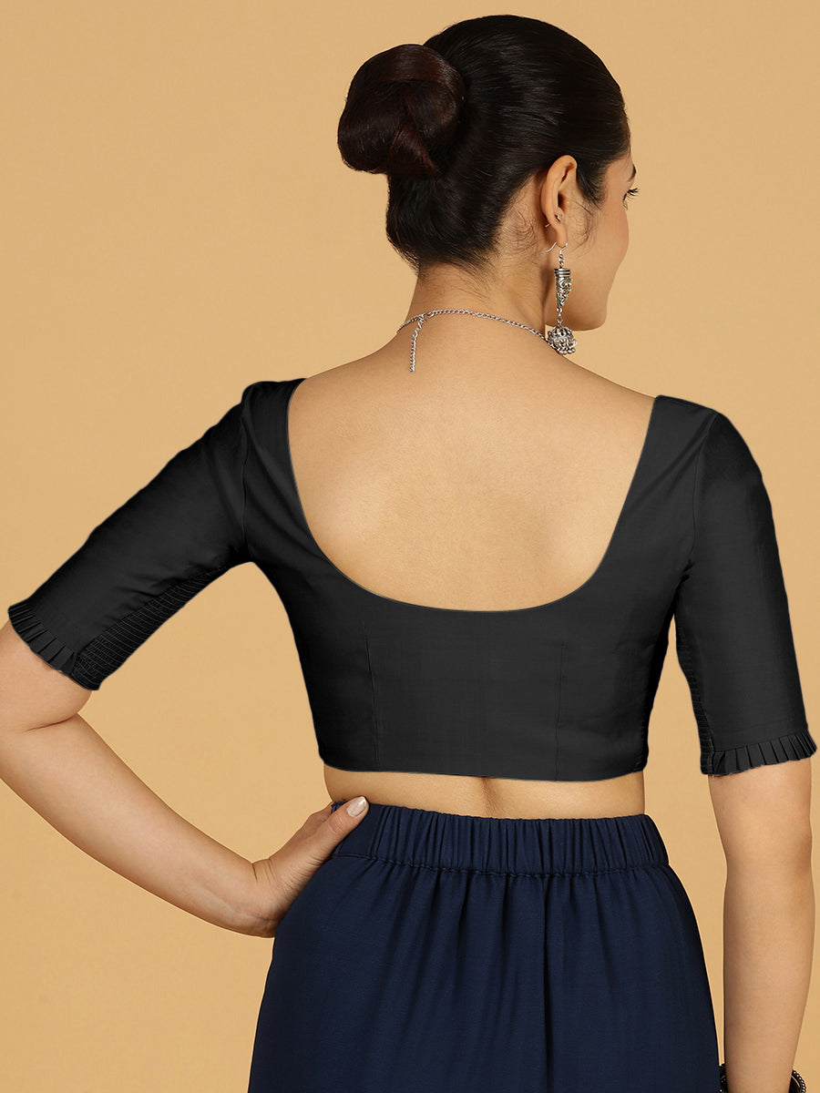 Nihira x Rozaana Saree Blouse, in Black Viscose, featuring elbow sleeves and square neckline, made for daily & work (view 2).