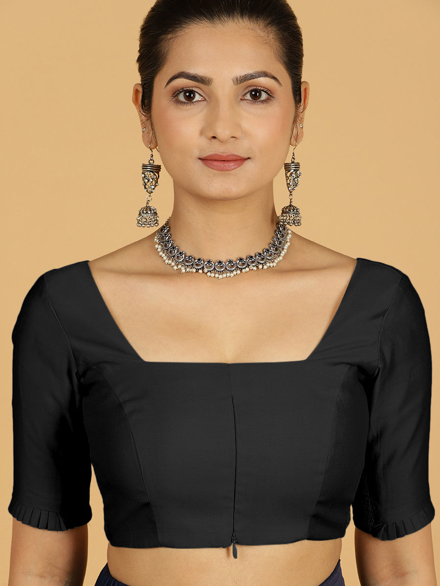 Nihira x Rozaana Saree Blouse, in Black Viscose, featuring elbow sleeves and square neckline, made for daily & work (view 6).