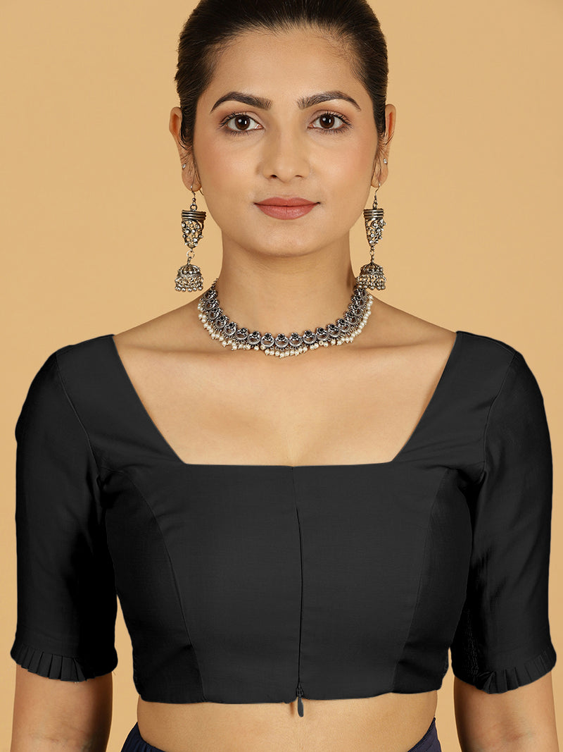 Nihira x Rozaana | Elbow Sleeves Saree Blouse in Raven Black-Binks