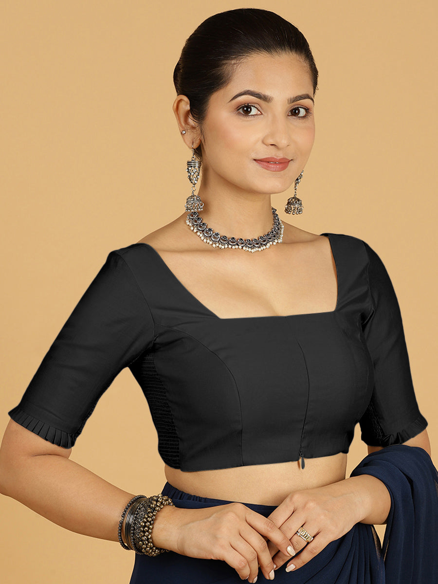 Nihira x Rozaana Saree Blouse, in Black Viscose, featuring elbow sleeves and square neckline, made for daily & work (view 7).