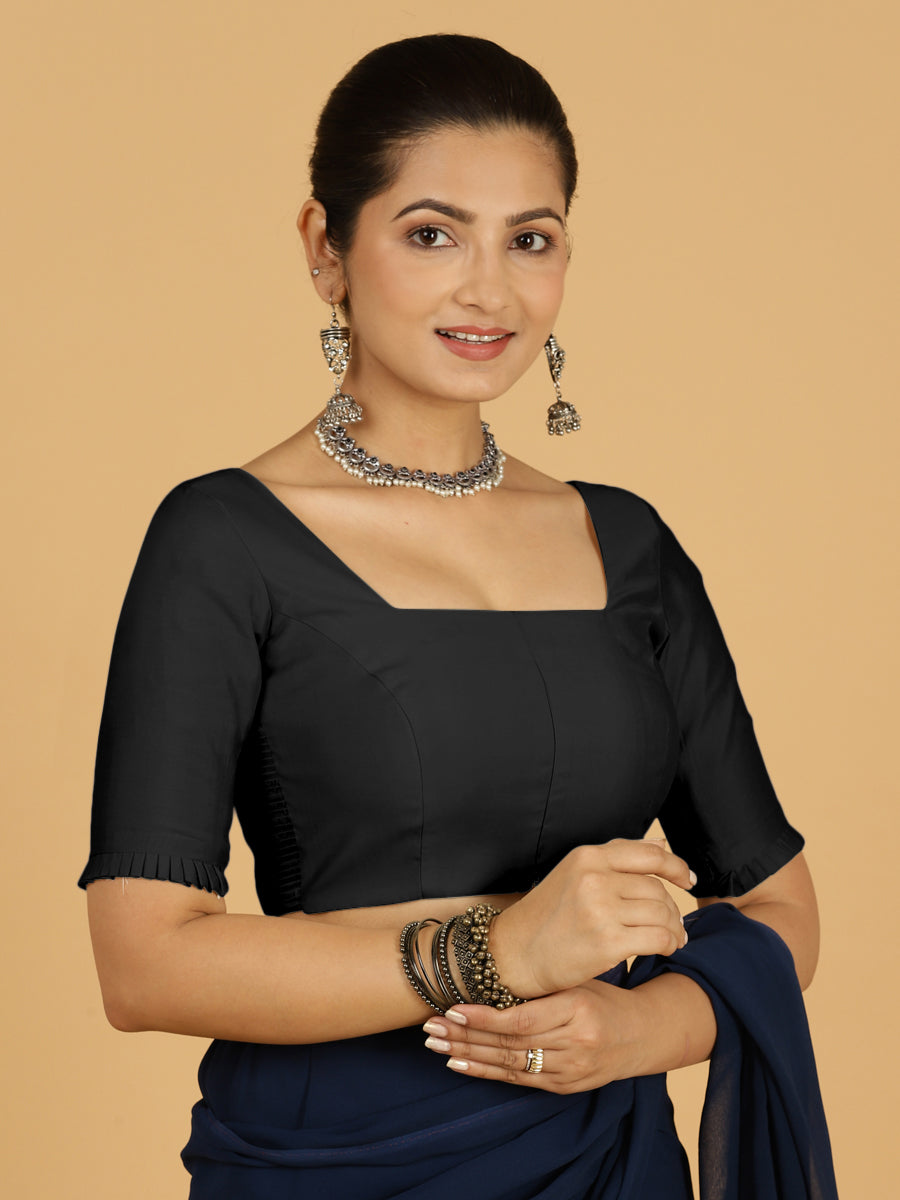 Nihira x Rozaana Saree Blouse, in Black Viscose, featuring elbow sleeves and square neckline, made for daily & work (view 8).