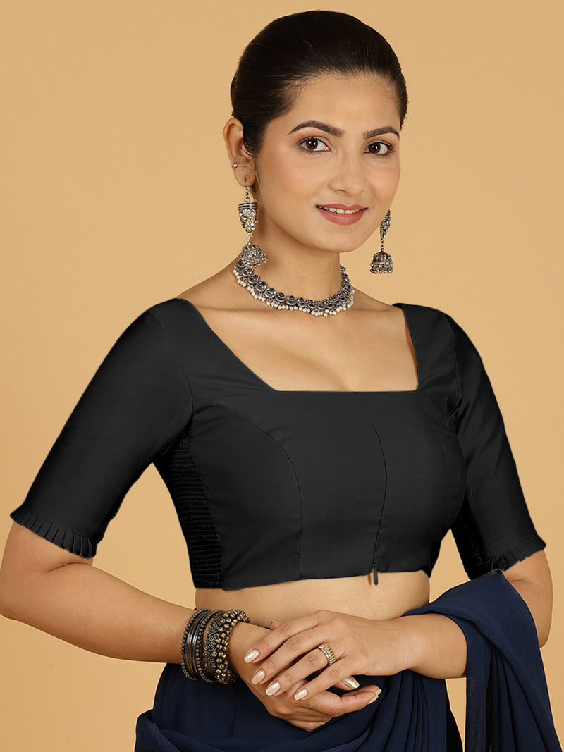 Nihira x Rozaana | Elbow Sleeves Saree Blouse in Raven Black-Binks