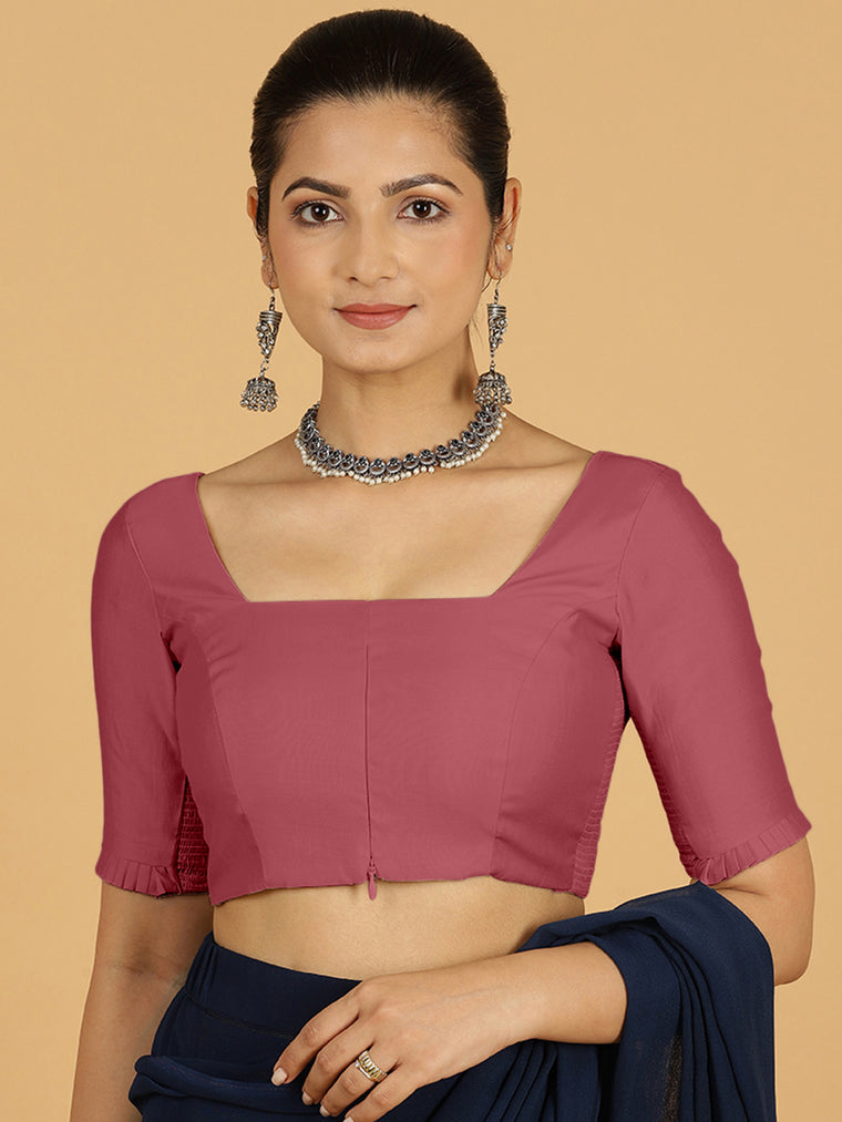 Nihira x Rozaana Saree Blouse, in Pink Viscose, featuring elbow sleeves and square neckline, made for daily & work.