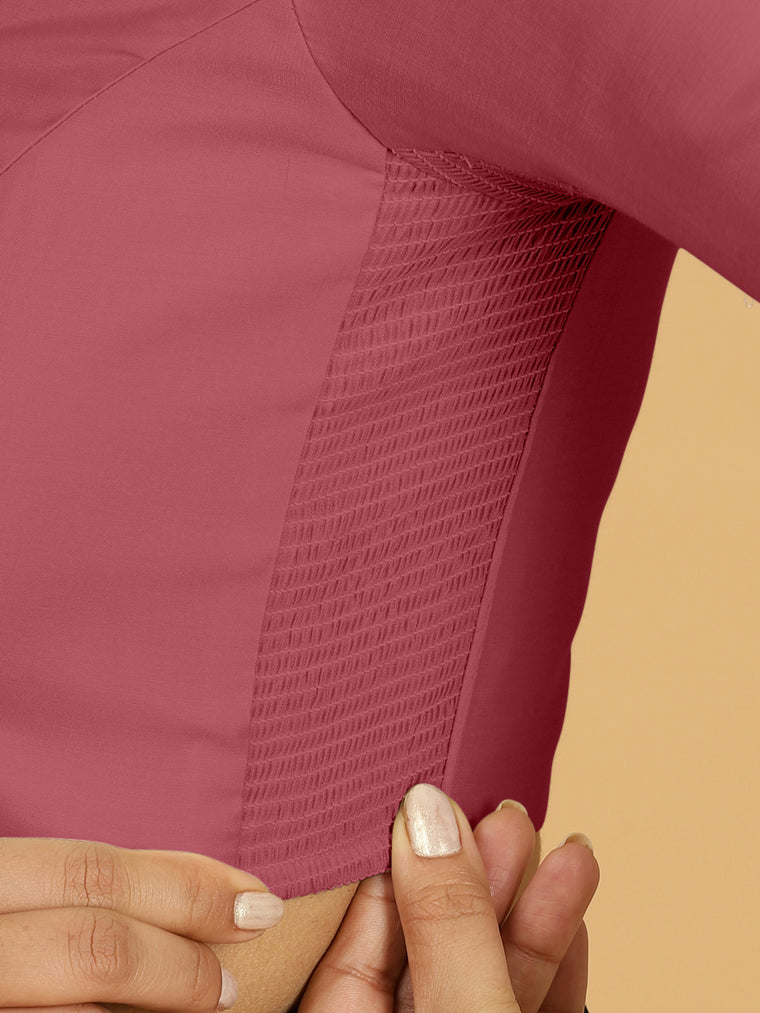 Nihira x Rozaana Saree Blouse, in Pink Viscose, featuring elbow sleeves and square neckline, made for daily & work (view 3).