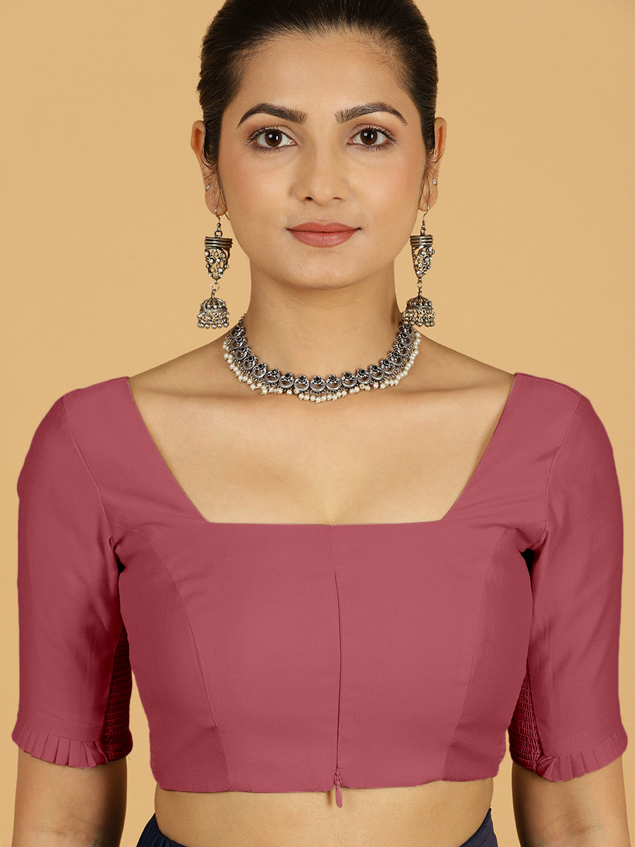Nihira x Rozaana Saree Blouse, in Pink Viscose, featuring elbow sleeves and square neckline, made for daily & work (view 6).