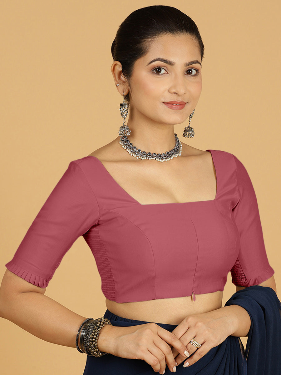 Nihira x Rozaana Saree Blouse, in Pink Viscose, featuring elbow sleeves and square neckline, made for daily & work (view 7).