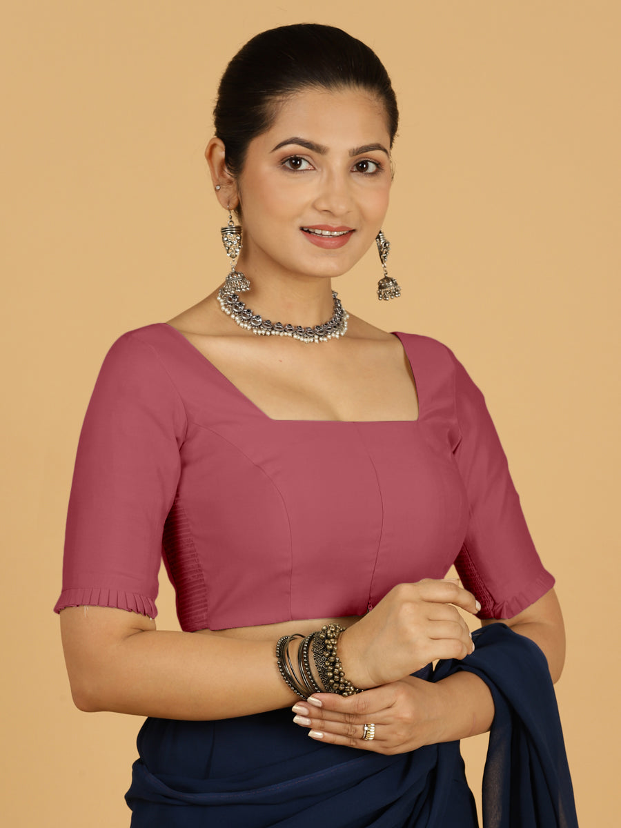 Nihira x Rozaana Saree Blouse, in Pink Viscose, featuring elbow sleeves and square neckline, made for daily & work (view 8).