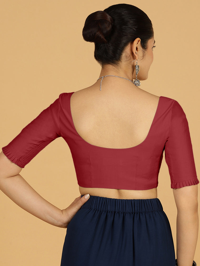 Nihira x Rozaana Saree Blouse, in Red Viscose, featuring elbow sleeves and square neckline, made for daily & work (view 2).