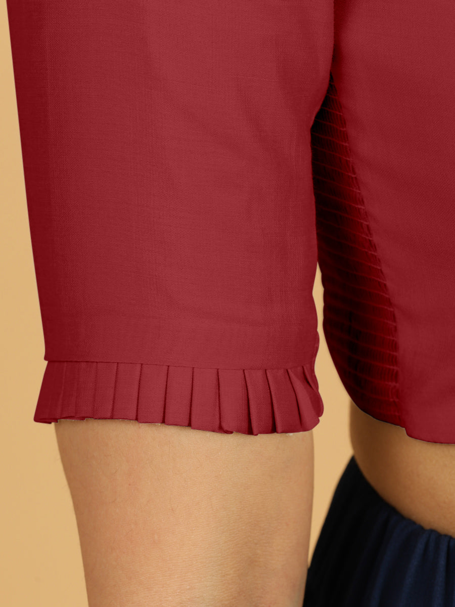 Nihira x Rozaana Saree Blouse, in Red Viscose, featuring elbow sleeves and square neckline, made for daily & work (view 5).