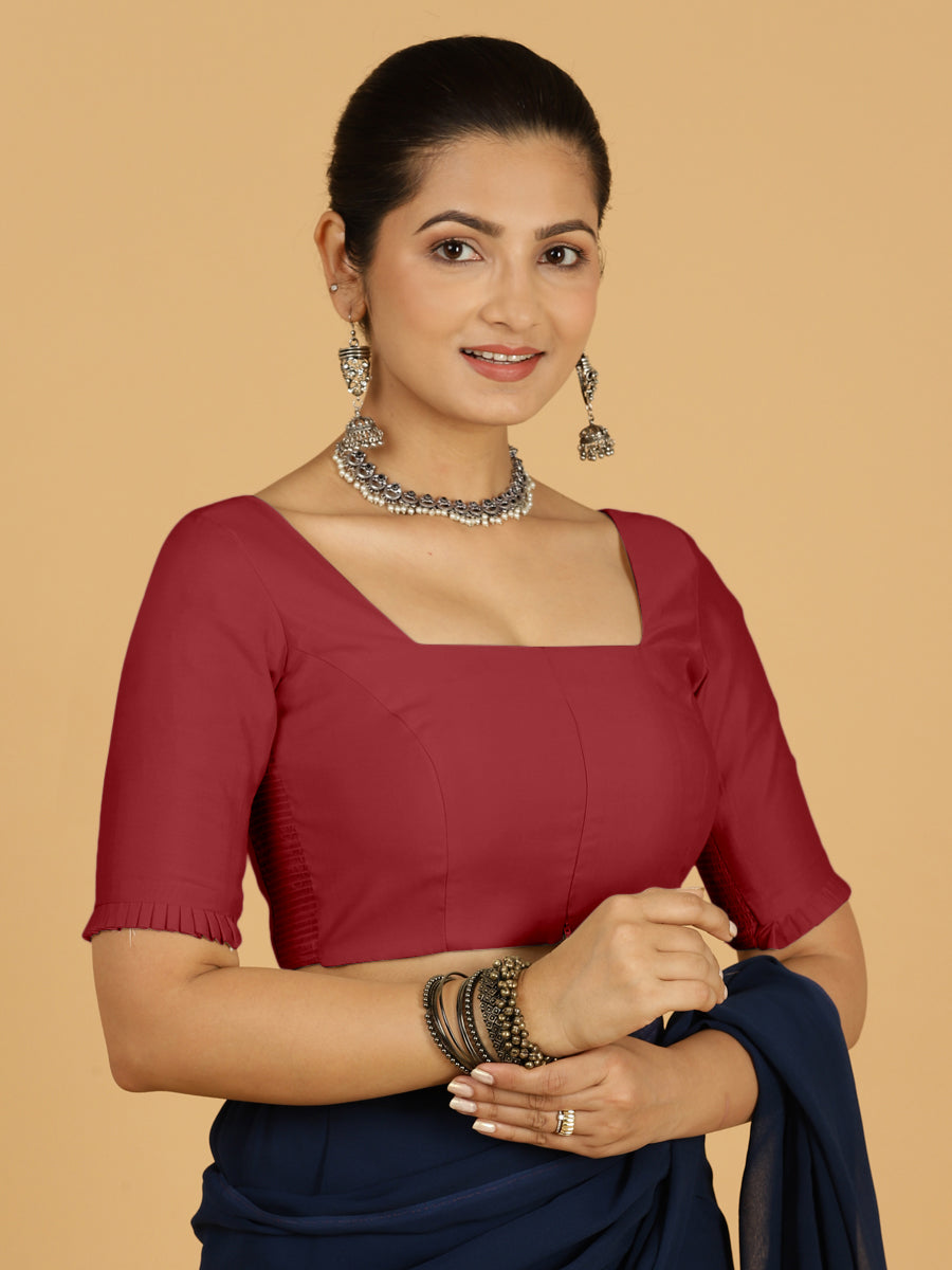 Nihira x Rozaana Saree Blouse, in Red Viscose, featuring elbow sleeves and square neckline, made for daily & work (view 8).