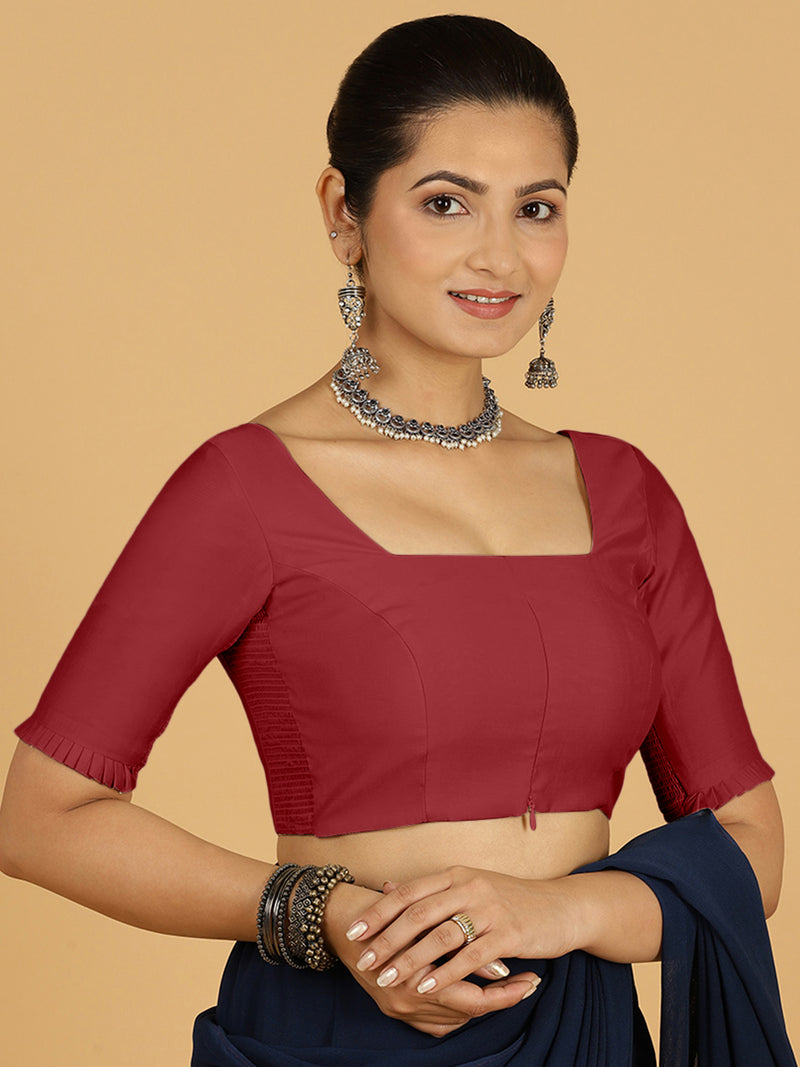 Nihira x Rozaana | Elbow Sleeves Saree Blouse in Scarlet Red-Binks