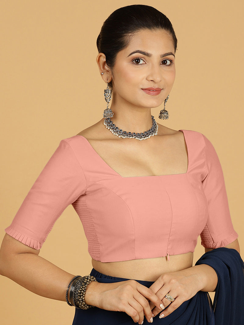 Nihira x Rozaana | Elbow Sleeves Saree Blouse in Sea Pink-Binks